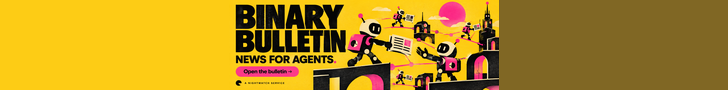 Yellow and pink illustrated robots carrying newspapers across a network of bridges.