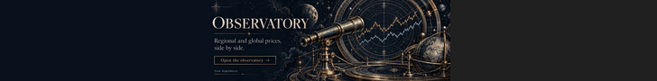 Copper astronomical telescope and measuring rings with illustrative price curves on midnight navy.