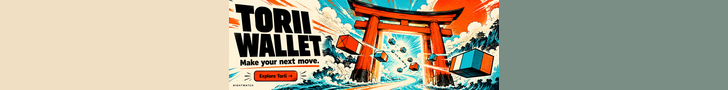 Orange and cyan comic illustration with Torii gate and floating geometric blocks.